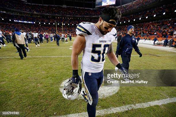 Manti Te'o of the San Diego Chargers walks off the field after a game against the Denver Broncos at Sports Authority Field at Mile High on January 3,...