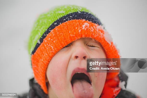 little boy catching snow flakes on tounge - catching snowflakes stock pictures, royalty-free photos & images