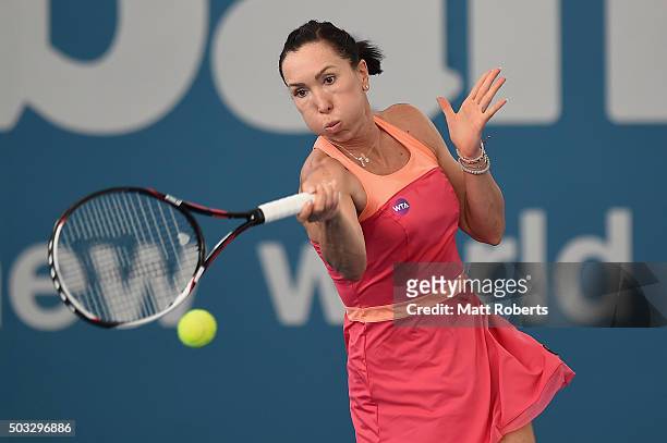 Jelena Jankovic of Serbia plays a forhand against Roberta Vinci of Italy during day two of the 2016 Brisbane International at Pat Rafter Arena on...