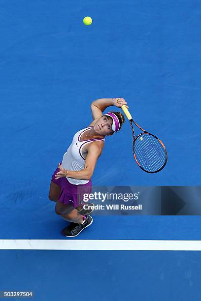 Elina Svitolina of the Ukraine serves in the women's single match against Victoria Duval of the United States during day two of the 2016 Hopman Cup...