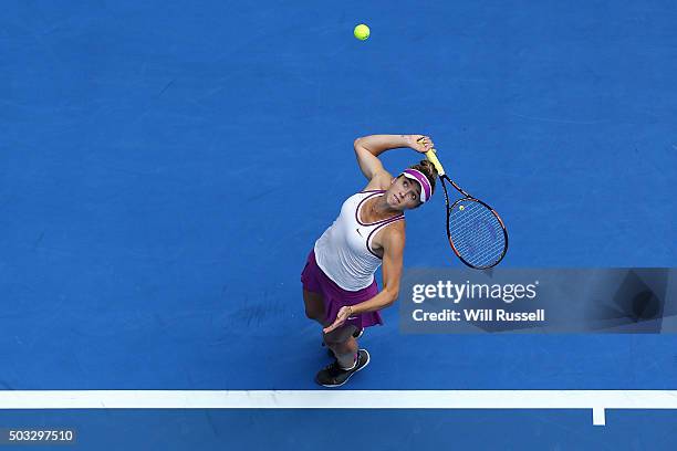 Elina Svitolina of the Ukraine serves in the women's single match against Victoria Duval of the United States during day two of the 2016 Hopman Cup...