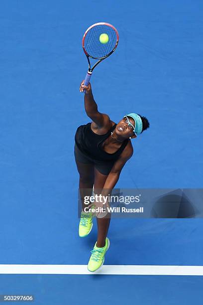 Victoria Duval of the United States replacing Serena Williams serves in the women's single match against Elina Svitolina of the Ukraine during day...