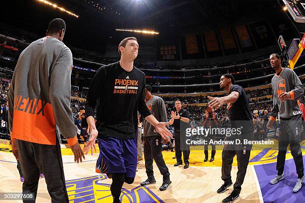Jon Leuer of the Phoenix Suns gets introduced before the game against the Los Angeles Lakers on January 3, 2016 at STAPLES Center in Los Angeles,...