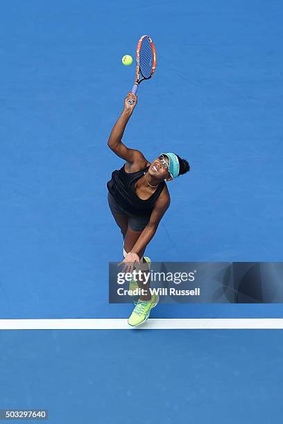 Victoria Duval of the United States replacing Serena Williams serves in the women's single match against Elina Svitolina of the Ukraine during day...