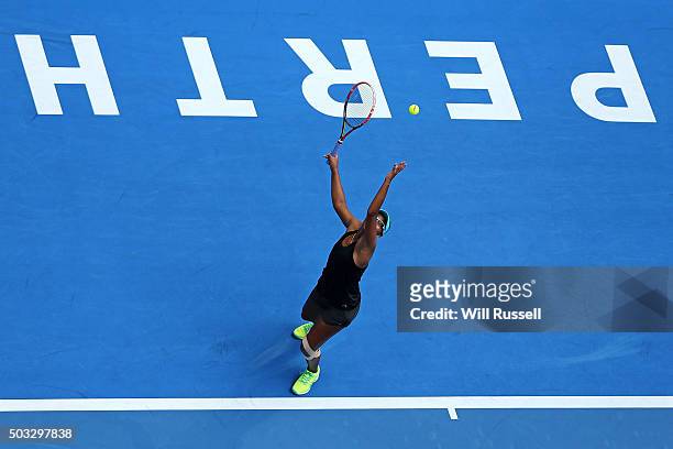 Victoria Duval of the United States replacing Serena Williams serves in the women's single match against Elina Svitolina of the Ukraine during day...