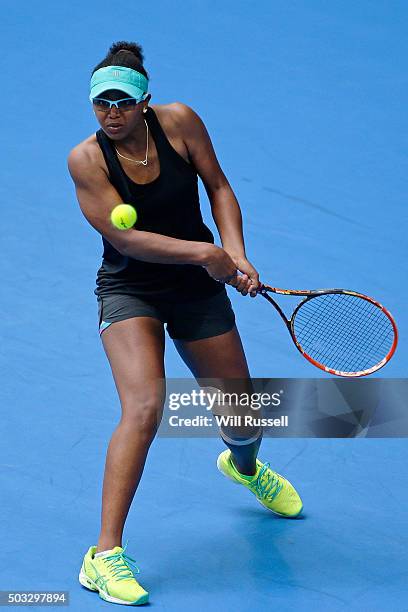 Victoria Duval of the United States replacing Serena Williams plays a backhand in the women's single match against Elina Svitolina of the Ukraine...