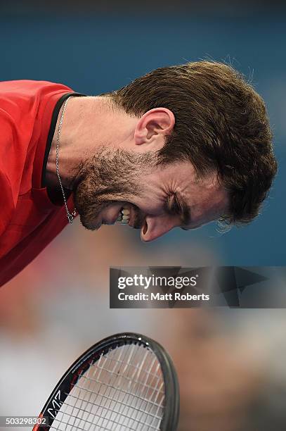 Gilles Simon of France reacts in his match against Grigor Dimitrov of Bulgaria during day two of the 2016 Brisbane International at Pat Rafter Arena...