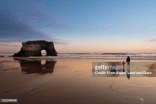 silhouette of mother and baby enjoying sunset at natural bridges - santa cruz california stock pictures, royalty-free photos & images
