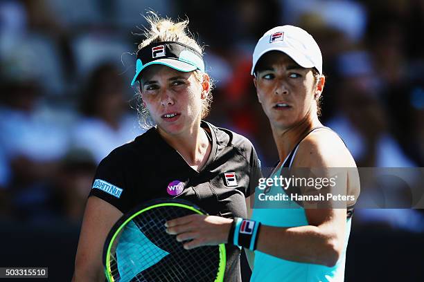 Marina Erakovic of New Zealand looks on with Silvia Soler-Espinosa of Spain during their first round doubles match against Rosie Cheng of New Zealand...