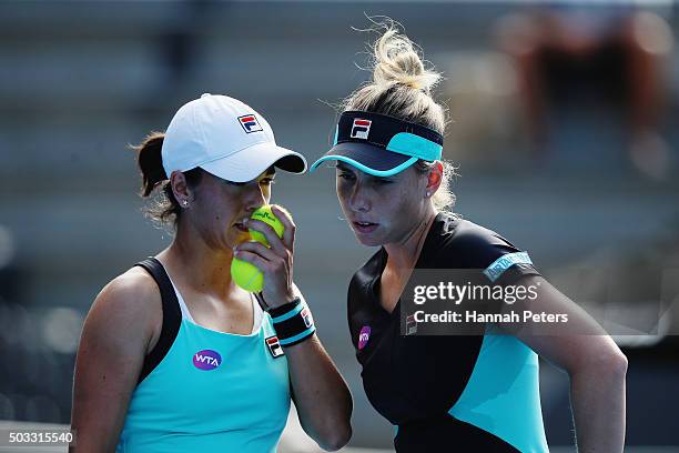 Marina Erakovic of New Zealand looks on with Silvia Soler-Espinosa of Spain during their first round doubles match against Rosie Cheng of New Zealand...