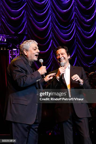 Enrico Macias sings with Laurent Gerra the parody of his song ' L'Oriental ' during the last representation of the Laurent Gerra One Man Show at...