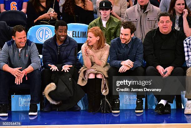 Chris Rock, Jessica Chastain, Gian Luca Passi de Preposulo and Steve Schirripa attend the Atlanta Hawks vs New York Knicks game at Madison Square...