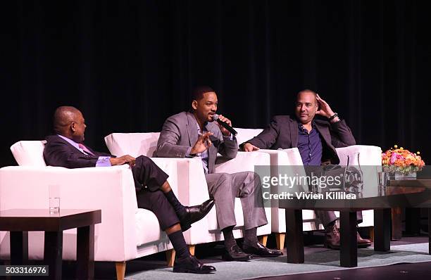 Dr. Bennet Omalu, actor Will Smith and director Peter Landesman speak at a screening of "Concussion" at the 27th Annual Palm Springs International...