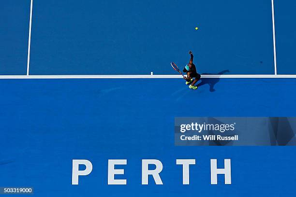 Victoria Duval of the United States replacing Serena Williams serves in the women's single match against Elina Svitolina of the Ukraine during day...