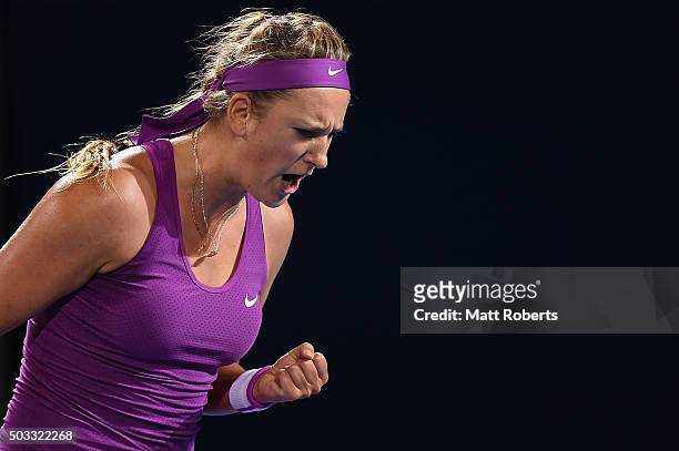 Victoria Azarenka of Belarus reacts during her match against Elena Vesnina of Russia on day two of the 2016 Brisbane International at Pat Rafter...