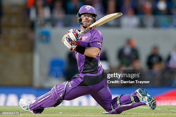 Dan Christian of the Hobart Hurricanes hits a ball for 6 runs during the Big Bash League match between the Hobart Hurricanes and the Melbourne...