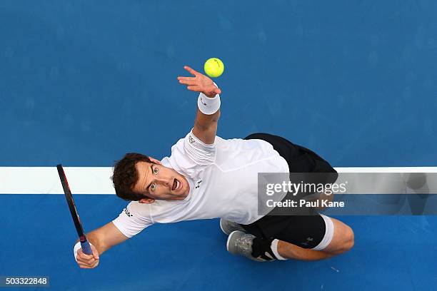 Andy Murray of Great Britain serves in his singles match against Kenny De Schepper of France during day two of the 2016 Hopman Cup at Perth Arena on...