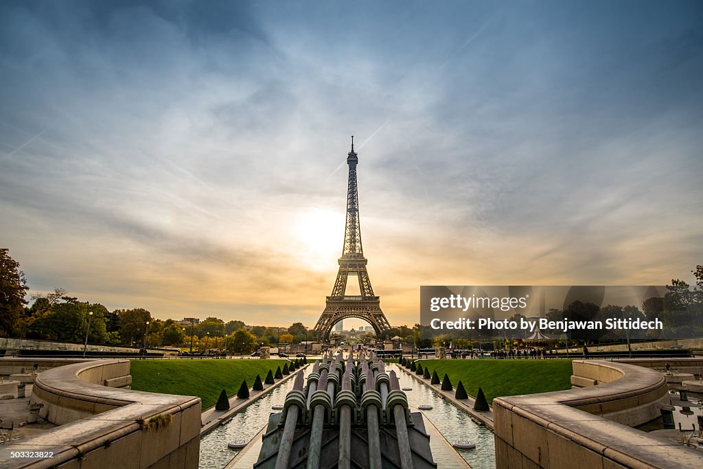 Eiffel Tower at sunrise in Paris, France