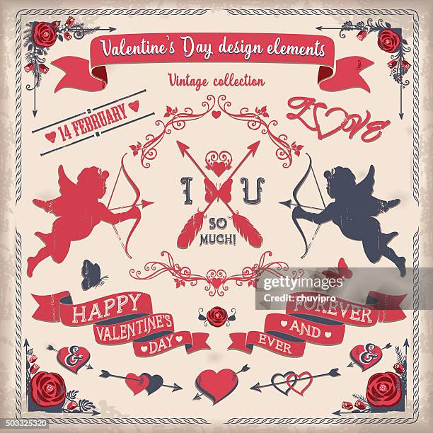 stockillustraties, clipart, cartoons en iconen met valentine's day tricolor vintage design elements set - amor