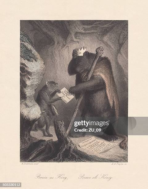 ilustrações, clipart, desenhos animados e ícones de bruin como cama king-size. cena de "reynard o fox", publicado c.1855 - bruin