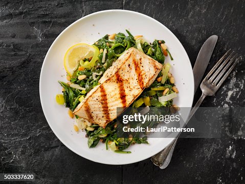 Grilled Halibut with Spinach, leeks and Pine Nuts Grilled Halibut with Spinach, leeks and Pine Nuts