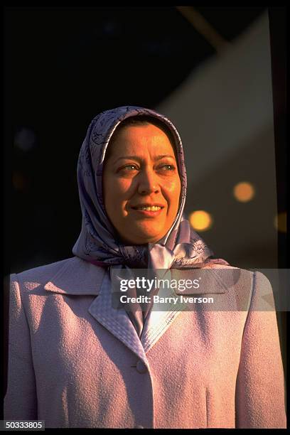 Iranian resistance leader Maryam Rajavi, pres-elect of Natl. Council of Resistance, civilian arm of Natl. Liberation Army of Iran, at NLA base.