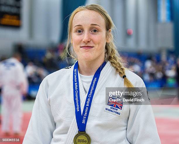 Junior European champion and World junior bronze medallist, Lucy Renshall looks pleased after being awarded the u63kg gold medal during the British...