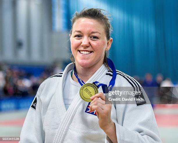Megan Fletcher proudly holds up her sixth British Championships gold medal after winning the u70kg category during the British Senior Judo...