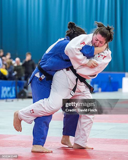 Michelle Boyle attempts to throw Lois Brown . Eventually Boyle held Brown for an ippon to win the o78kg gold medal during the British Senior Judo...