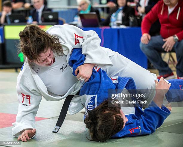 Michelle Boyle controls Lois Brown , to then hold her for an ippon and win the o78kg gold medal during the British Senior Judo Championships at the...