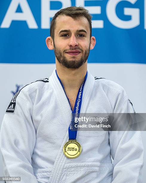 Patrick Dawson won the u73kg gold medal during the British Senior Judo Championships at the English Institute of Sport on December 13, 2015 in...