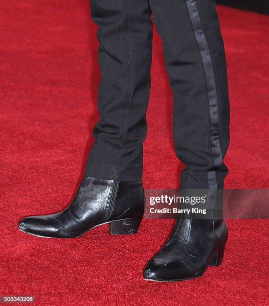 Actor Joshua Burge, shoe detail, attends the Premiere of 20th Century Fox And Regency Enterprises' 'The Revenant' at TCL Chinese Theatre on December...