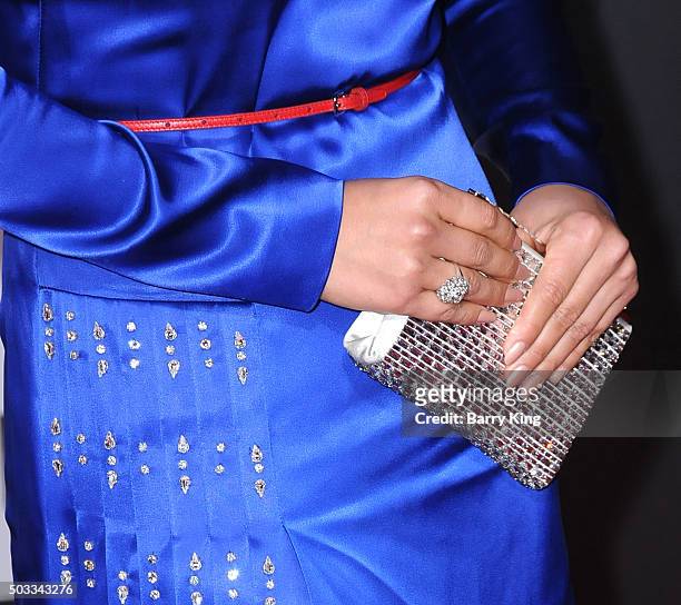 Actress Grace Dove, purse detail, attends the Premiere of 20th Century Fox And Regency Enterprises' 'The Revenant' at TCL Chinese Theatre on December...