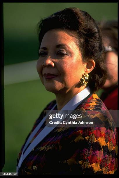 Alma Powell at Fort Meyer farewell fete for her husband Gen. Colin Powell, retiring chmn. Of Joint Chiefs of Staff.