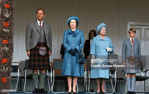 Prince Phjilip, Duke of Edinburgh, Queen Elizabeth ll, Queen Elizabeth, The Queen Mother and Prince Edward attend the Braemar Highland Games on...