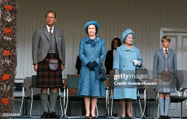 Prince Phjilip, Duke of Edinburgh, Queen Elizabeth ll, Queen Elizabeth, The Queen Mother and Prince Edward attend the Braemar Highland Games on...