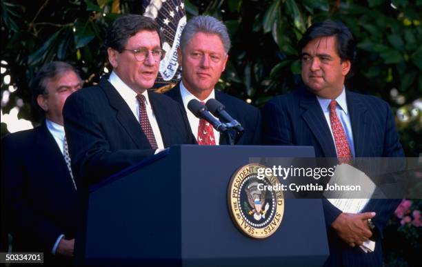 Pres. Bill Clinton listening to Richard Holobrooke speak during White House announcement of his appointment as new UN Amb. Replacing Bill Richardson...