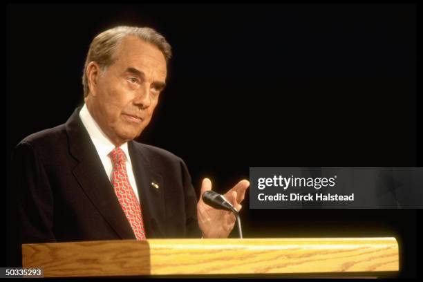Republican presidential candidate Bob Dole speaking in serious portrait during his 1st election campaign debate w. Democratic incumbent Bill Clinton.