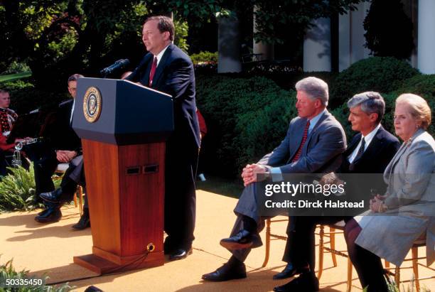 Deputy Treasury Secy. Larry Summers, Pres. Bill Clinton, Treasury Secy. Robert Rubin & State Secy. Madeleine Albright at White House during...