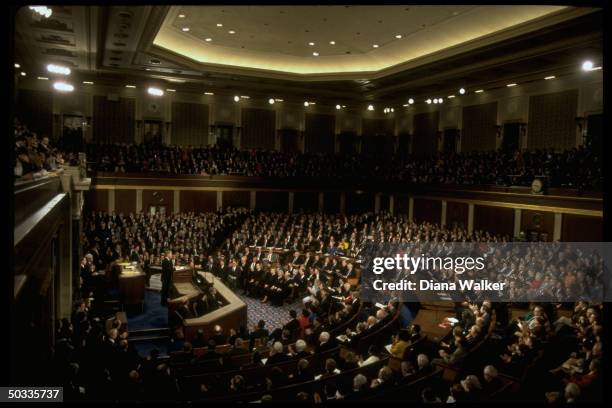 Pres. Bill Clinton delivering his State of Union address to Joint Session of Congress, assembly packed w. People eager to hear him speak amid...