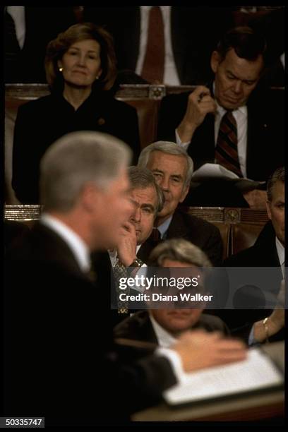 Pres. Bill Clinton delivering his State of Union address to Joint Session of Congress amid allegations of sexual scandal imperiling his presidency.