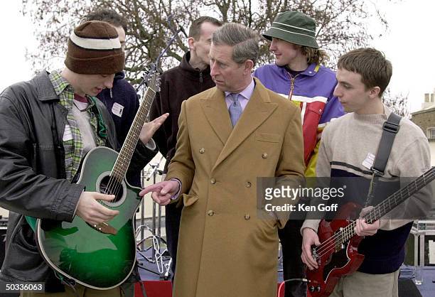 England's Prince Charles w. Members of the group Dust 21 Luke Barr, Dave Parvin, Simon Bacon, James McArthur, and Ultan Malloy, at launch of Hidden...