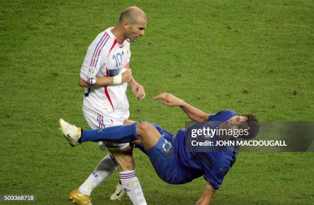 Photo taken 09 July 2006 shows French midfielder Zinedine Zidane gesturing after head-butting Italian defender Marco Materazzi during the World Cup...