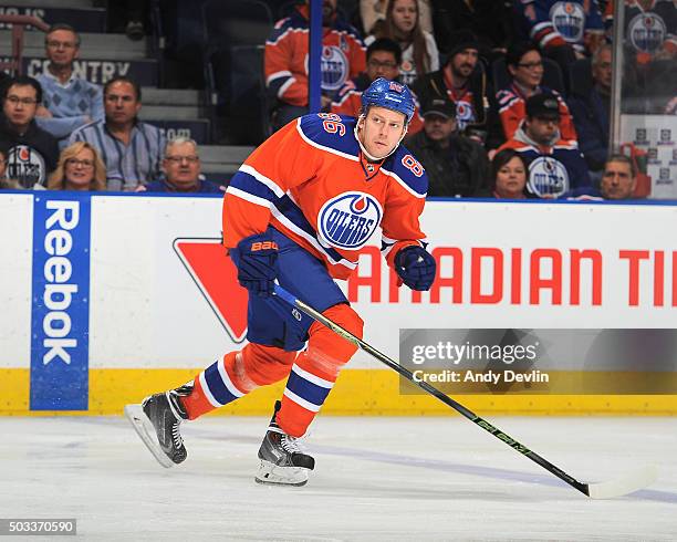 Nikita Nikitin of the Edmonton Oilers skates during a game against the Winnipeg Jets on December 21, 2015 at Rexall Place in Edmonton, Alberta,...
