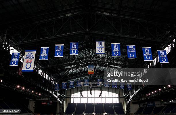 Indianapolis Colts championship banners flies over the playing field at Lucas Oil Stadium, home of the Indianapolis Colts football team on December...