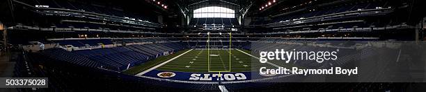 Panoramic view of inside Lucas Oil Stadium, home of the Indianapolis Colts football team on December 22, 2015 in Indianapolis, Indiana.