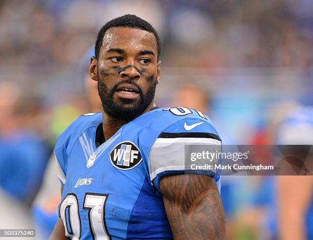 Calvin Johnson of the Detroit Lions looks on during the game against the Oakland Raiders at Ford Field on November 22, 2015 in Detroit, Michigan. The...