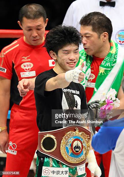 Champion Kosei Tanaka of Japan celebrates retaining his title after winning against Vic Saludar of the Philippines in the WBO Minimumweight Title...