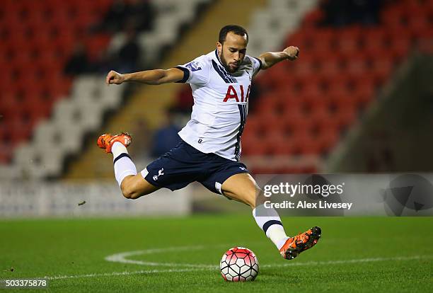 Andros Townsend of Tottenham Hotspur U21 shoots during the Barclays U21 Premier League match between Manchester United U21 and Tottenham Hotspur U21...