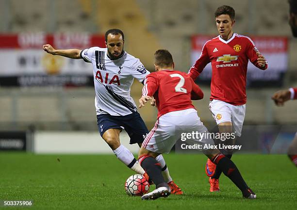 Andros Townsend of Tottenham Hotspur U21 takes on Guillermo Varela of Manchester United U21 during the Barclays U21 Premier League match between...